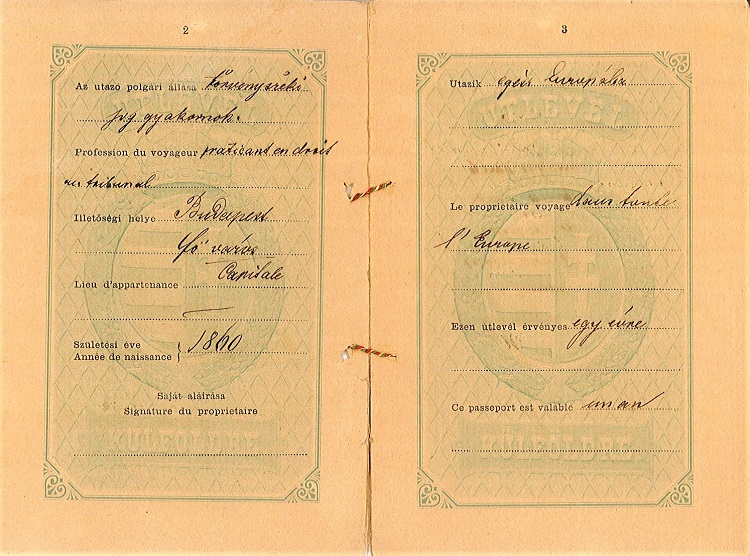מידע כללי על הנוסע בהונגרית ובצרפתית, דרכון הרצל עמ' 2-3.